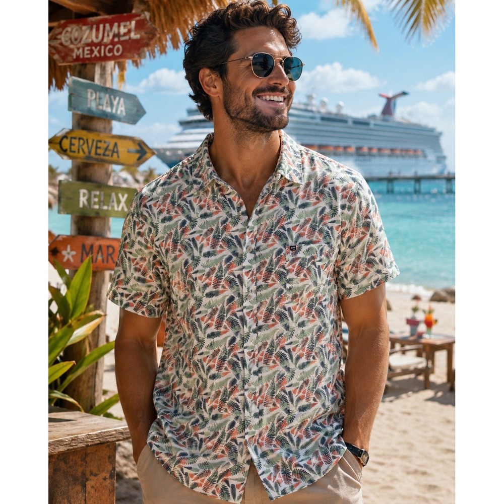 Fish Hippie Men's Short Sleeve Button Front Tropical Fern Print Shirt Size XL